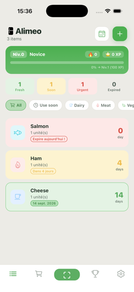 Alimeo home screen: food inventory with expiry dates