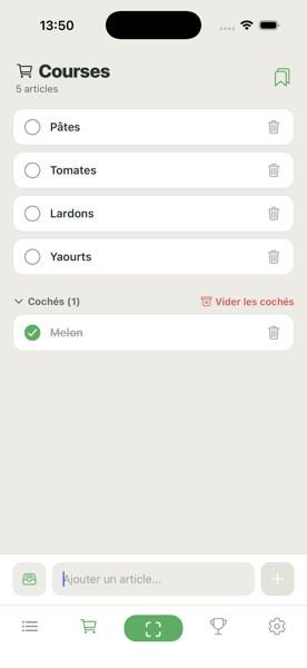 Liste de courses avec articles cochables
