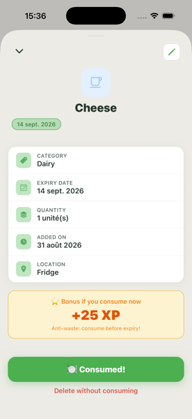 Food details with its category, expiry date and location