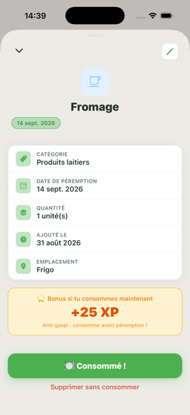 Fiche d'un aliment avec sa catégorie, sa date de péremption et son emplacement