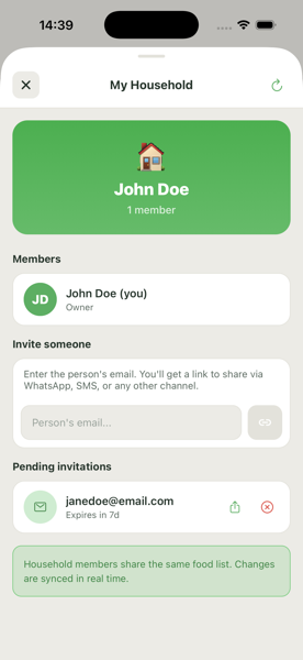 My Household screen to share the inventory and invite members