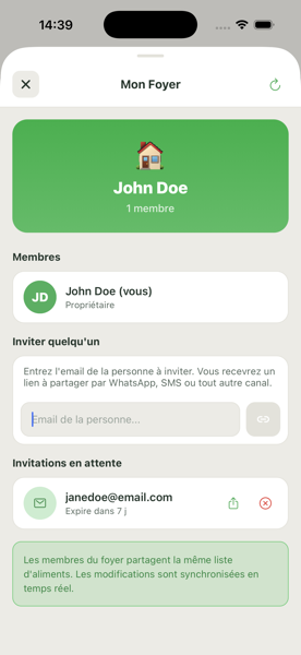 Écran Mon Foyer pour partager l'inventaire et inviter des membres